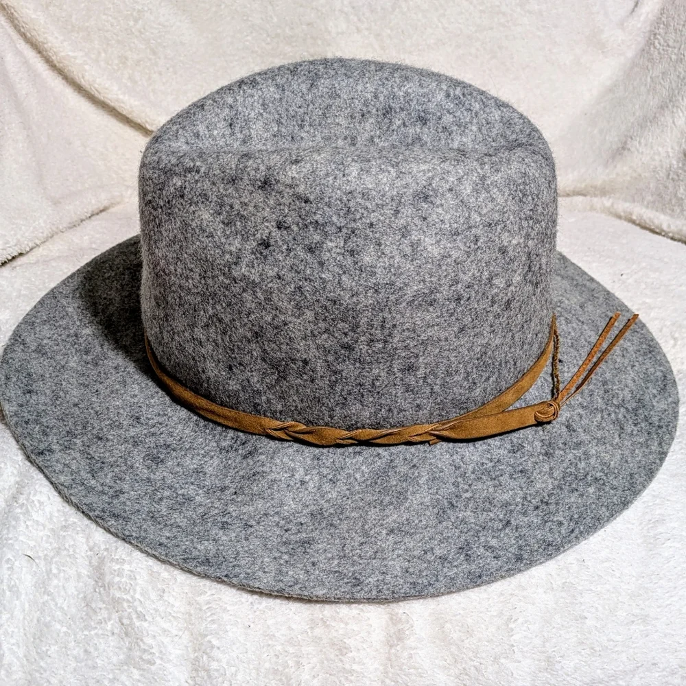 Women's Heather Gray‎ Wool Winter Boho Floppy Hat W/Faux Leather Detail